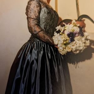 Women's Dress, formal, off shoulder, fitted bodice, long sleeve lace overlay.